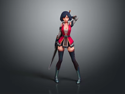 Game Movie Character With Short Dark Hair Red Black Outfit Holding Sword Raised Arm Pose 3d model