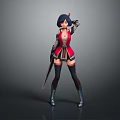 Game Movie Character With Short Dark Hair Red Black Outfit Holding Sword Raised Arm Pose