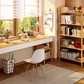 Study Room Interior With Desk White Chair Wooden Bookshelf And Bright Light Through Blinds