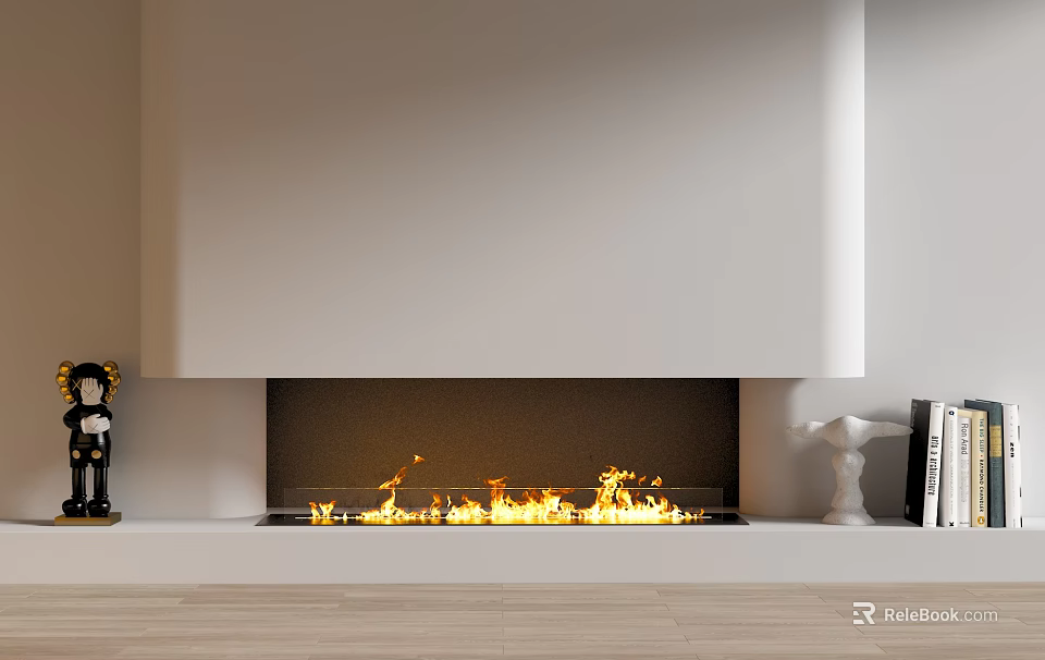 Modern White Fireplace with Burning Flames and Decorative Statue Books on Wooden Floor 3d model 