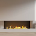 Modern White Fireplace with Burning Flames and Decorative Statue Books on Wooden Floor