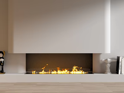 Modern White Fireplace with Burning Flames and Decorative Statue Books on Wooden Floor 3d model