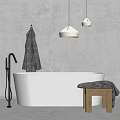 White Bathtub With Black Faucet Hanging Gray Towel Two Pendant Lights And Wooden Stool