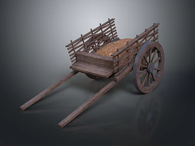 Traditional Wooden Stone Cart With Handcrafted Wood Frame And Spoked Wheels 3d model