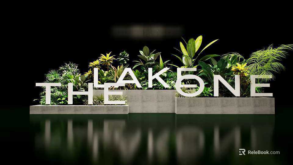 Floral Installation Featuring White 3D Letters Green Plants Yellow Flowers And Water Reflection 3d model 