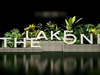 Floral Installation Featuring White 3D Letters Green Plants Yellow Flowers And Water Reflection 3d model