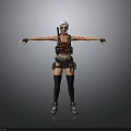 Woman With White Short Hair In Tactical Vest Red Black Outfit Standing Arms Outstretched