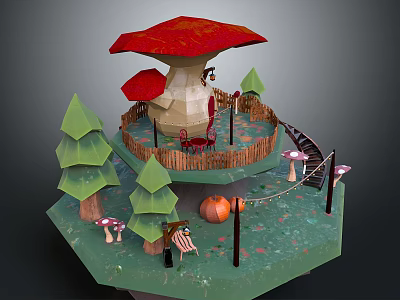 Mushroom Shaped Scene Structure Featuring Red Cap Green Trees Pumpkins Small Mushrooms And Slide 3d model