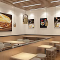Modern Meat Sandwich Restaurant Interior With Wooden Ceiling Marble Counter And Menu Display Tables Chairs