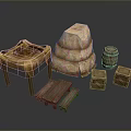 Rustic Daily Living Supplies Including Grass Mat Table Stone Stack Barrel Crates And Benches 3d model