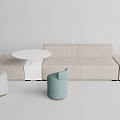 Beige Sectional Sofa With White Round Table And Light Gray And Blue Stools 3d model