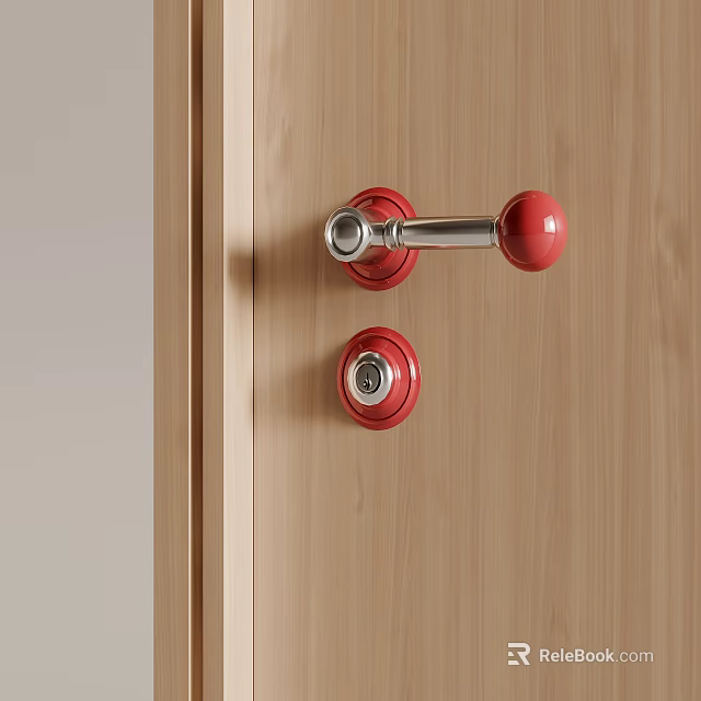 Red Metal Door Handle on Wooden Door with Matching Lock Design Elements 3d model 