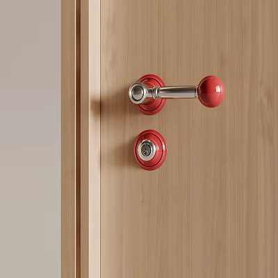 Red Metal Door Handle on Wooden Door with Matching Lock Design Elements 3d model