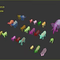 Colorful Animal Models of Various Sizes Including Elephant Cow Sheep on Dark Background with Reflections