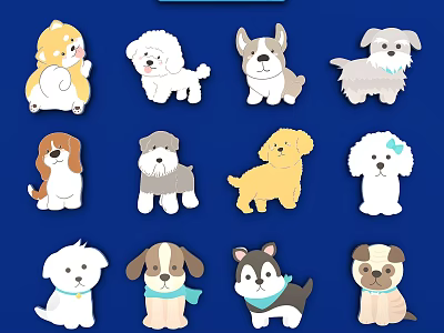 Cute Cartoon Dog Wall Decor Featuring Various Breeds For Home Decoration 3d model