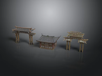 Chinese Traditional Architecture Models Of Pagoda And Archways With Tile Roofs Wooden Frames Curved Eaves 3d model
