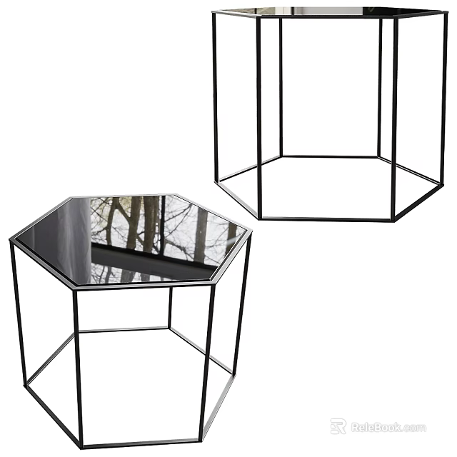 Modern Hexagonal Side Table With Glass Top And Black Metal Frame For Living Room 3d model 