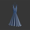 Elegant light blue long dress with pleated design hanging on hanger against dark background