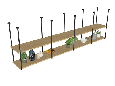 Wooden Wall Mounted Shelves with Black Metal Brackets Potted Plants and Decorative Items 3d model