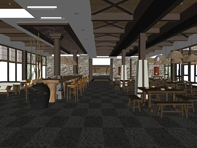 Spacious Restaurant Interior With Wooden Beams Large Windows Pendant Lights Bar Counter And Wooden Tables 3d model