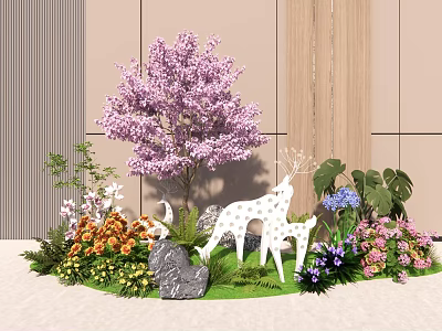 Lush Flowers And Plants Display With Purple Cherry Blossom Tree White Deer Statues Stone And Green Lawn 3d model