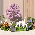 Lush Flowers And Plants Display With Purple Cherry Blossom Tree White Deer Statues Stone And Green Lawn