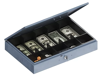 Open Blue Cash Box With Compartments Holding US Dollar Bills And Coins 3d model