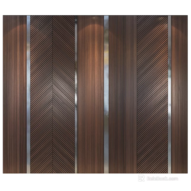 Modern Wooden Wall Panels With Herringbone Pattern And Silver Metal Strips Interior Design 3d model 
