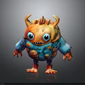 3D Cartoon Monster Character With Orange Blue Body Horns And Big Eyes