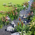 Beautiful Waterfront Landscape With Lush Vegetation Large Stones Flowing Water And Pink Flowers