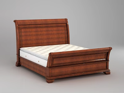 Classic Wooden Brown Double Bed With Carved Frame And White Mattress 3d model