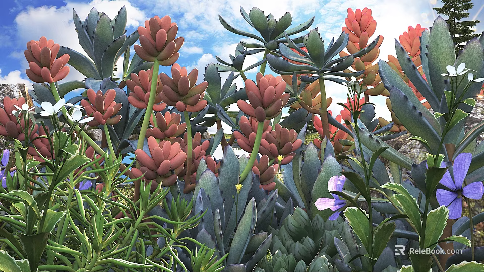 Lush Bonsai Potted Plants With Red Pink Succulents Green Leaves And Purple Flowers 3d model 