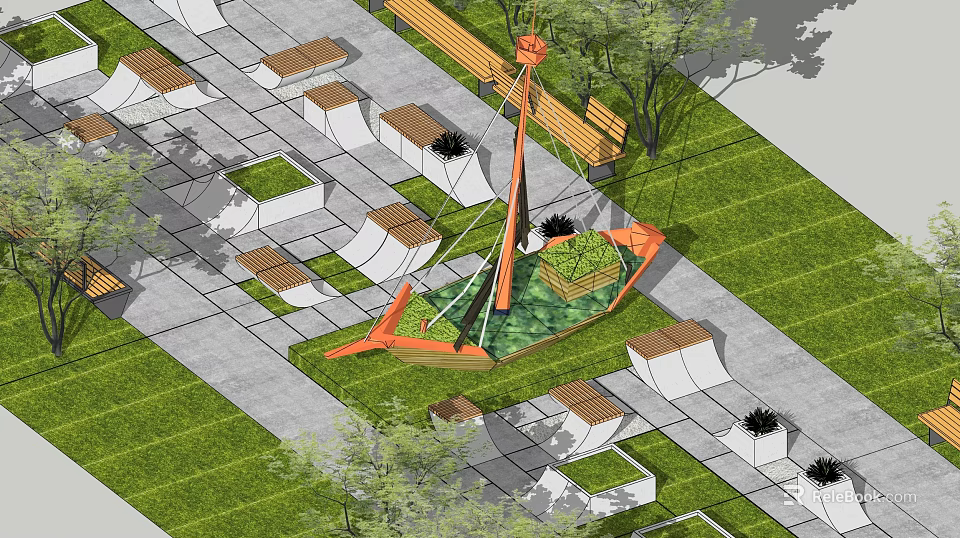 Modern Tree Planters Design With Green Lawn Benches And Paved Surfaces 3d model