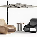Woven Outdoor Lounge Chairs in Beige and Black with Side Table and Umbrella