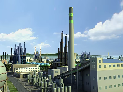 Industrial Factory Complex Featuring Tall Green Stripe Chimney Pipes And Storage Tanks 3d model