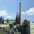 Industrial Factory Complex Featuring Tall Green Stripe Chimney Pipes And Storage Tanks