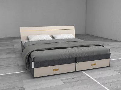 Modern Double Bed With Light Headboard Gray Mattress And Storage Drawers 3d model