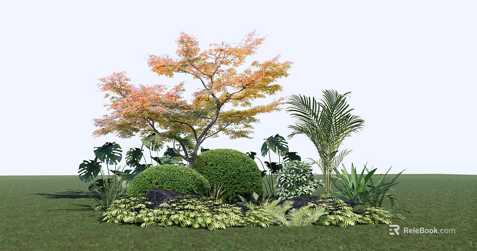 Vibrant Garden With Orange Leaf Tree Palm Monstera Rounded Shrubs And Ferns 3d model 
