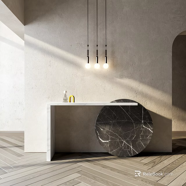 Modern Console Table Design with Pendant Lights Marble Countertop Circular Marble Decor and Concrete Wall 3d model 