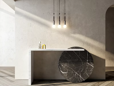 Modern Console Table Design with Pendant Lights Marble Countertop Circular Marble Decor and Concrete Wall 3d model