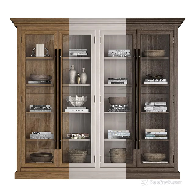 Classic Wooden Bookcase With Glass Doors And Decorative Books Vases Bowls 3d model 