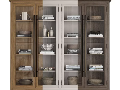 Classic Wooden Bookcase With Glass Doors And Decorative Books Vases Bowls 3d model