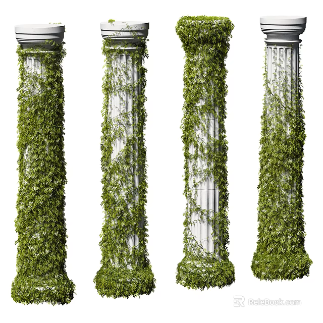 White Roman Columns Covered with Lush Green Climbing Vines and Fresh Leaves 3d model 