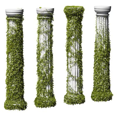 White Roman Columns Covered with Lush Green Climbing Vines and Fresh Leaves 3d model