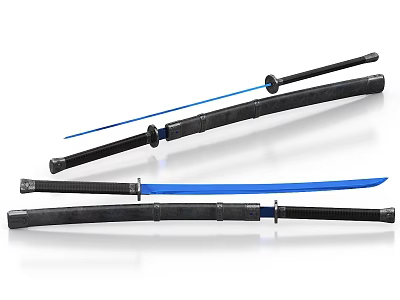 Traditional Samurai Sword Featuring Blue Blade Black Handle And Scabbard 3d model