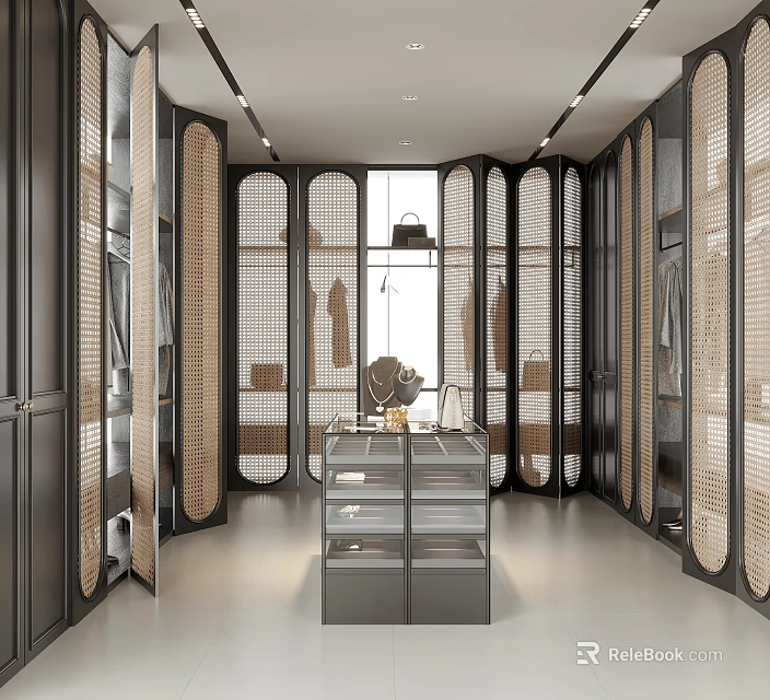Modern Walk-in Closet Interior With Open Shelving And Glass Display Cabinets Design 3d model 