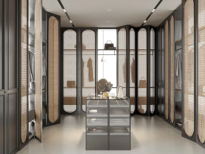 Modern Walk-in Closet Interior With Open Shelving And Glass Display Cabinets Design 3d model