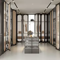 Modern Walk-in Closet Interior With Open Shelving And Glass Display Cabinets Design