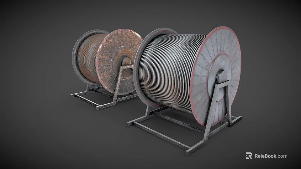 Three Cable Reels On Metal Stands With Silver And Copper Cables 3d model