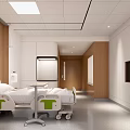 Modern Hospital Room Interior With Medical Bed TV Window Green Curtain And Wooden Cabinets